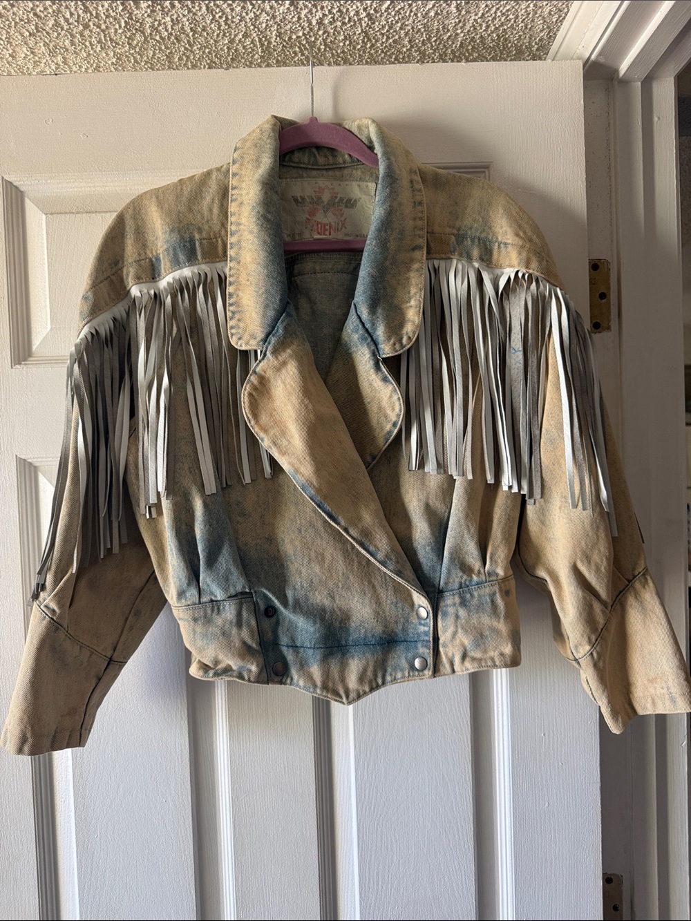 Phoenix Vintage Fringed Denim Jacket - Beige & Blue